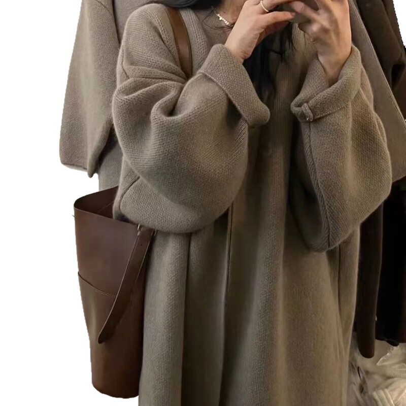 秋冬纯色慵懒过膝宽松大衣大版外套高级显瘦针织开衫毛衣女中长款|undefined