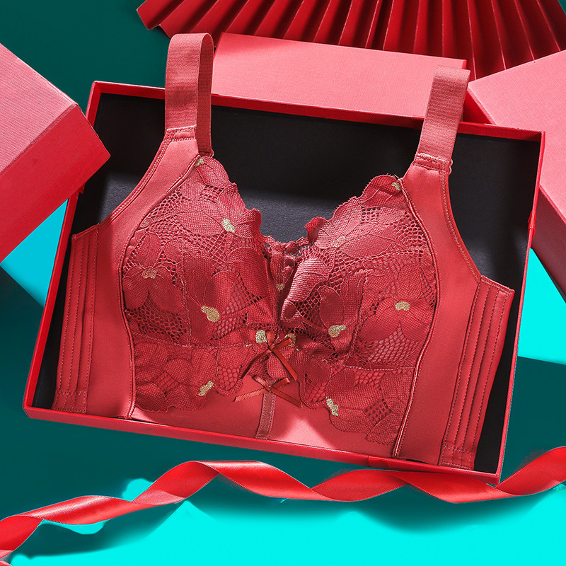Underwear Women's Gathering Anti-sagging Big Chest Shown Small Chubby Girls Large Size Super Slim This Year Red Wedding Bride Bra