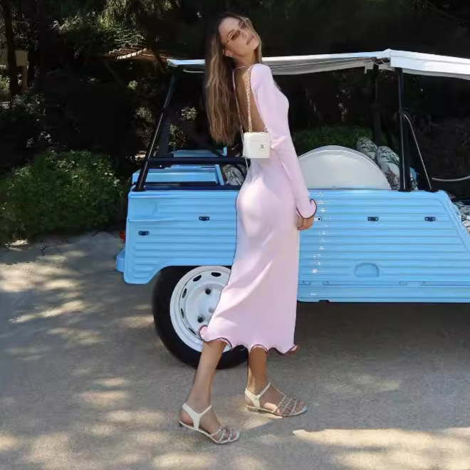 2024 Backless Horn Sleeve Ruffled Skirt Knitted Long Dress Sexy Contrast Color Long dress Women