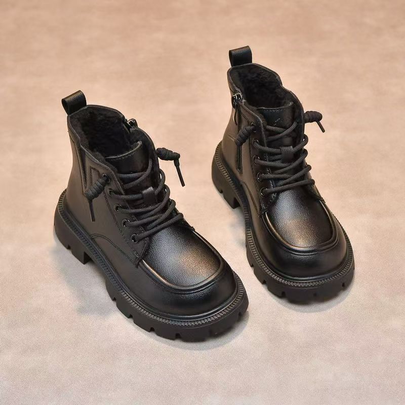 Girls' Boots Winter New Short Boots Fleece-Lined Girls' Boots Boys' Leather Boots Soft Sole Single Boots Winter Cotton Shoes
