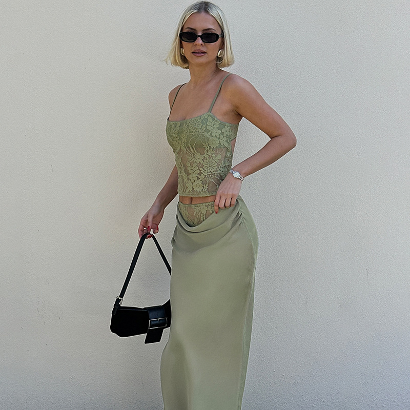 Women Clothing Lace Top with Narrow Straps Stitching Satin Fishtail Skirt Slim Waist Sheath Skirt Two Piece Sets