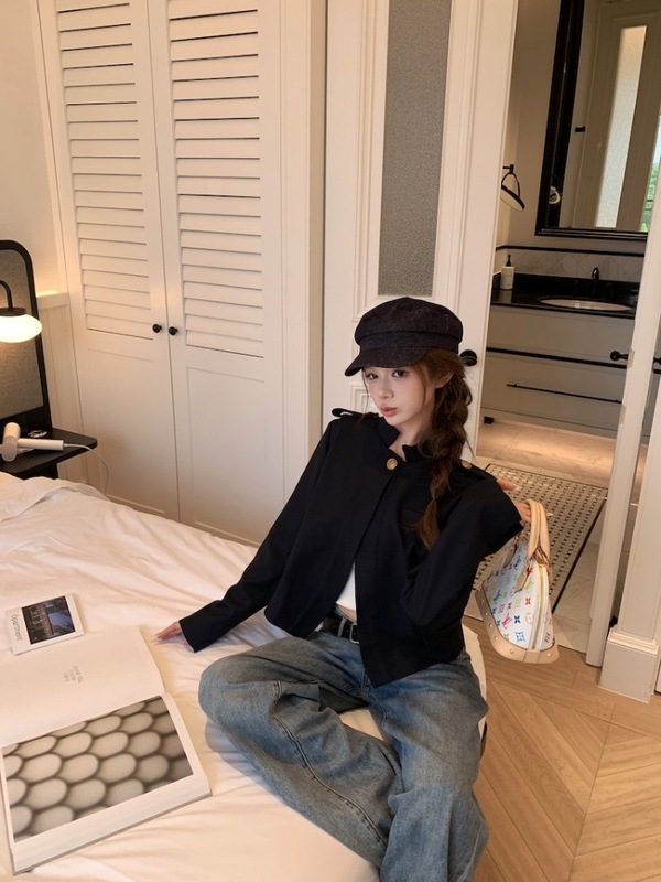 '睿智老钱'半开襟一粒扣老钱短款立领外套女秋|undefined