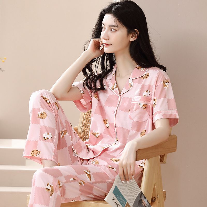 Nuevos pijamas de verano de las mujeres pantalones de manga corta 100% algodón Delgado solapa casual de las mujeres mamá ropa de casa traje de verano
