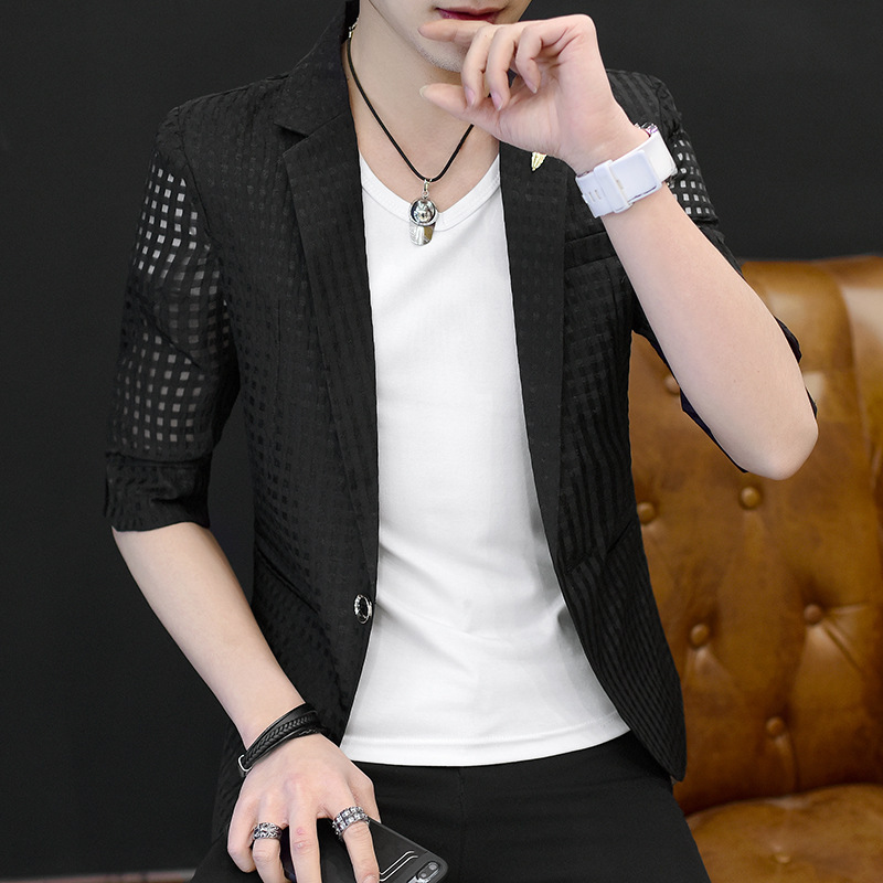 Youth Short-sleeved Suit Men's Summer Sunscreen Suit Slim-fit Hollow-out Small Suit Mid-sleeved Chiffon Thin Breathable Jacket Trendy