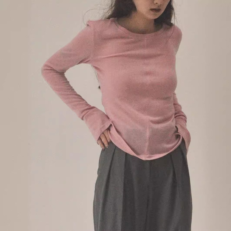 Warm wool three-color knitted cuff slit design long sleeve round neck bottoming Spring