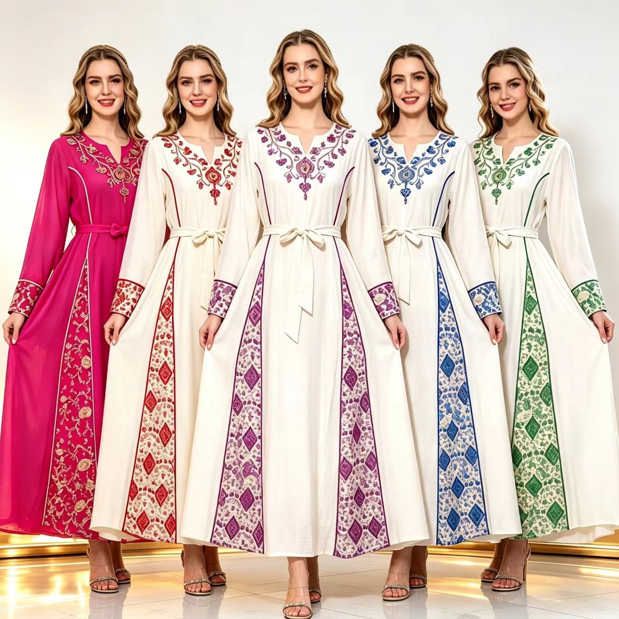 New style cross-border e-commerce dress for women, featuring beaded sequins, a fitted waist, and a full skirt, in an ethnic style (jalabiya).