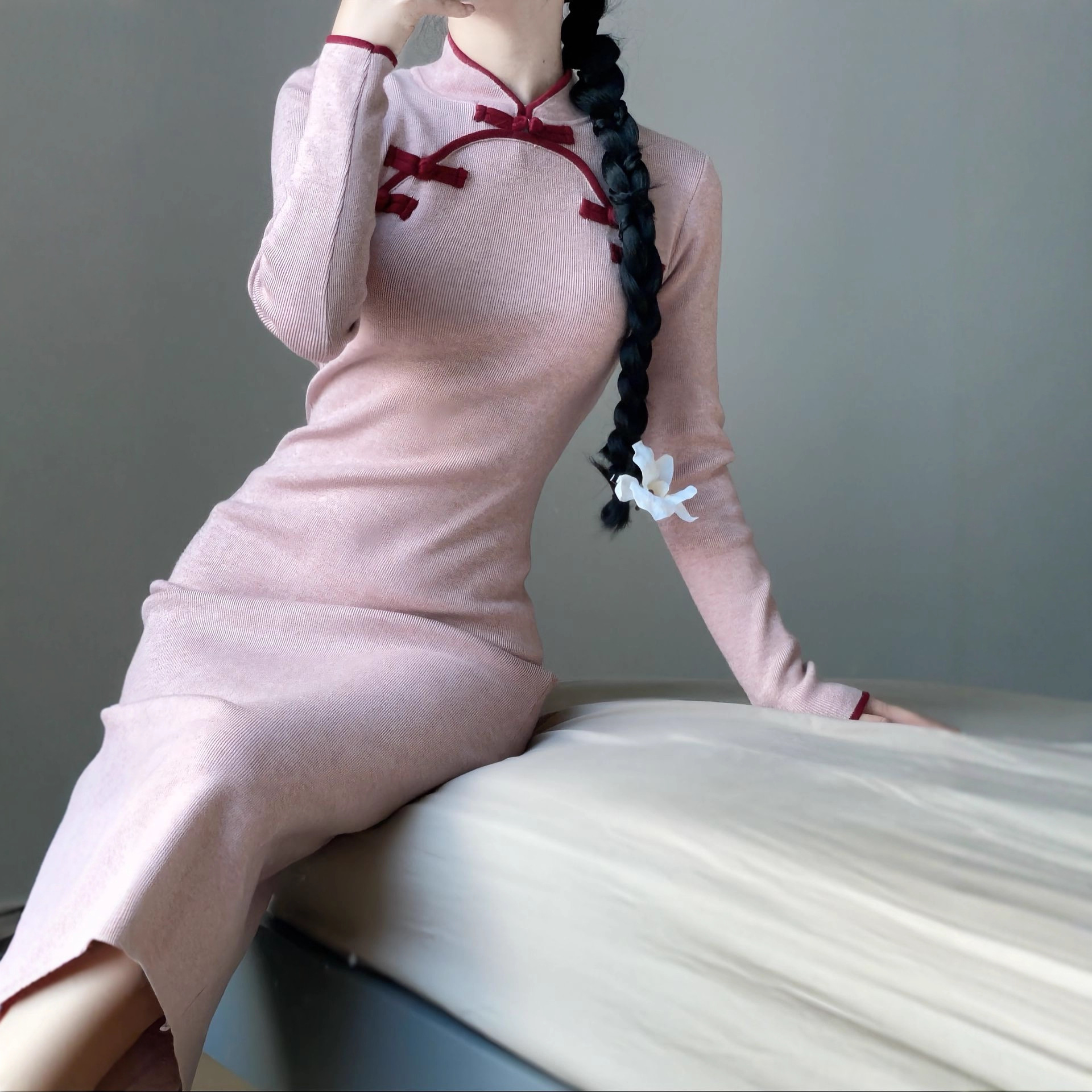 新中式旗袍改良盘扣立领连衣裙女中国风修身显瘦少女感弹性针织裙