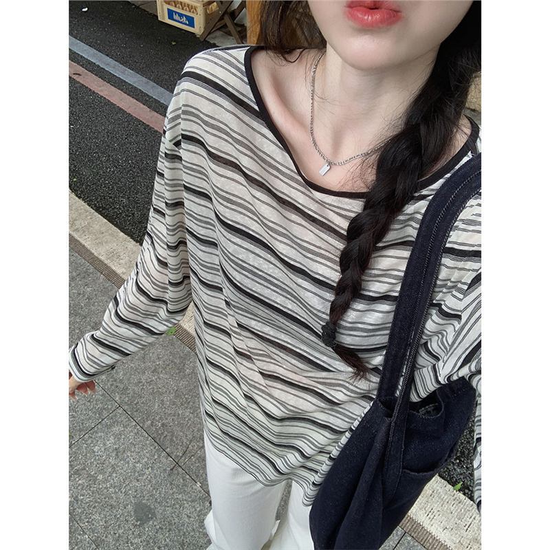 原版贝壳棉韩系小众设计感条纹长袖T恤女秋宽松复古拼色显瘦上衣|undefined