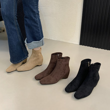 韩版方头内增高侧拉链马丁靴2025秋冬新款绒面切尔西部短靴