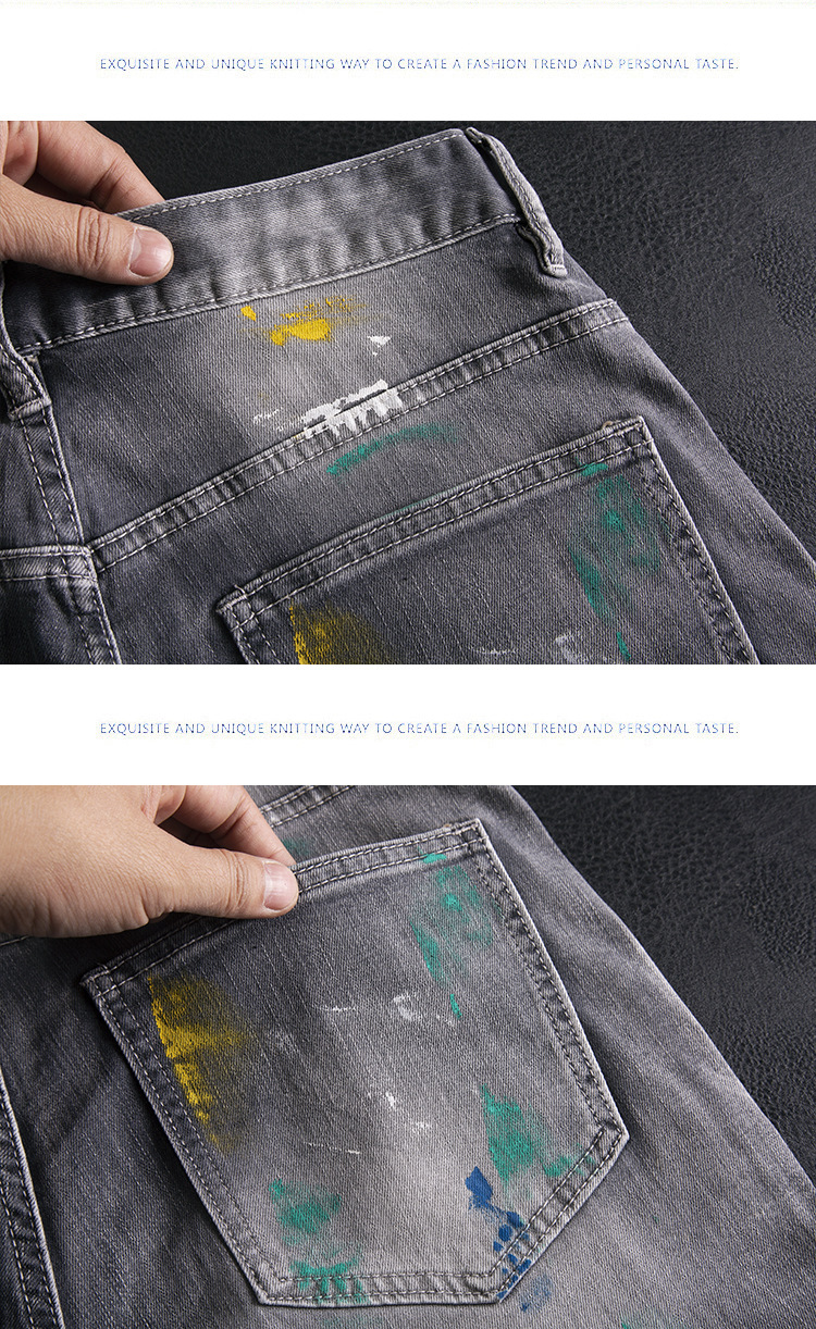 Men’s Slim Fit Ripped Patchwork Jeans With Graffiti Print Retro_voghion.com