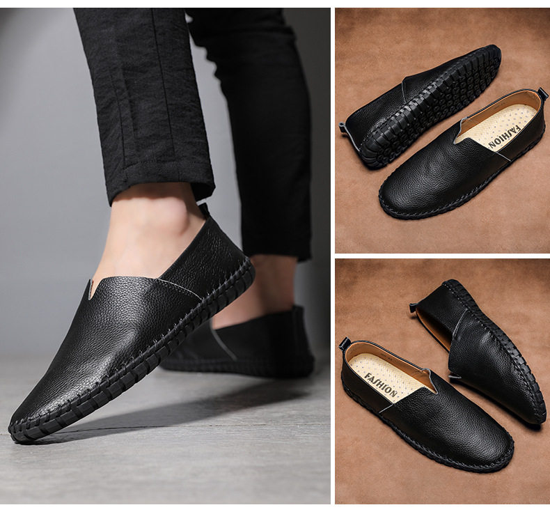Giày lười nam da bò lớp đầu cỡ lớn, kiểu slip-on mũi tròn, đế bệt — 955 Trắng đục lỗ, 955 lỗ màu nâu, 955 lỗ màu đen, 955 màu xanh lam chi tiết 12