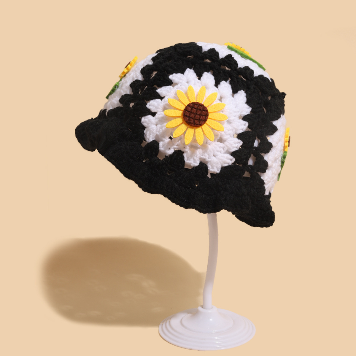 Cappello da pescatore con girasole tessuto a mano, autunno e inverno, carino cappello infantile con bordo a fungo, in lana all'uncinetto_voghion.com