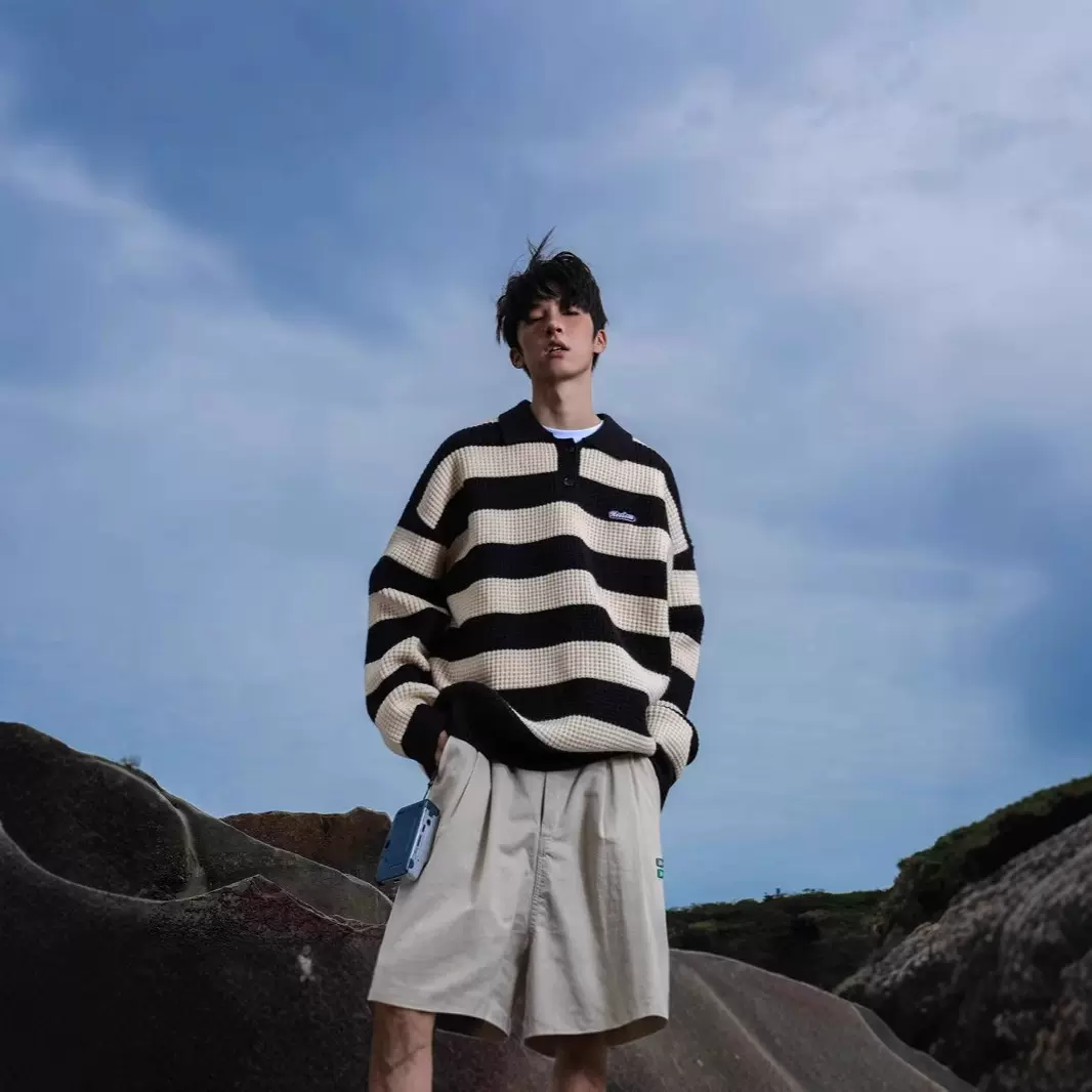 秋冬男士时尚百搭条纹撞色polo领毛衣男美式学院风宽松舒适针织衫