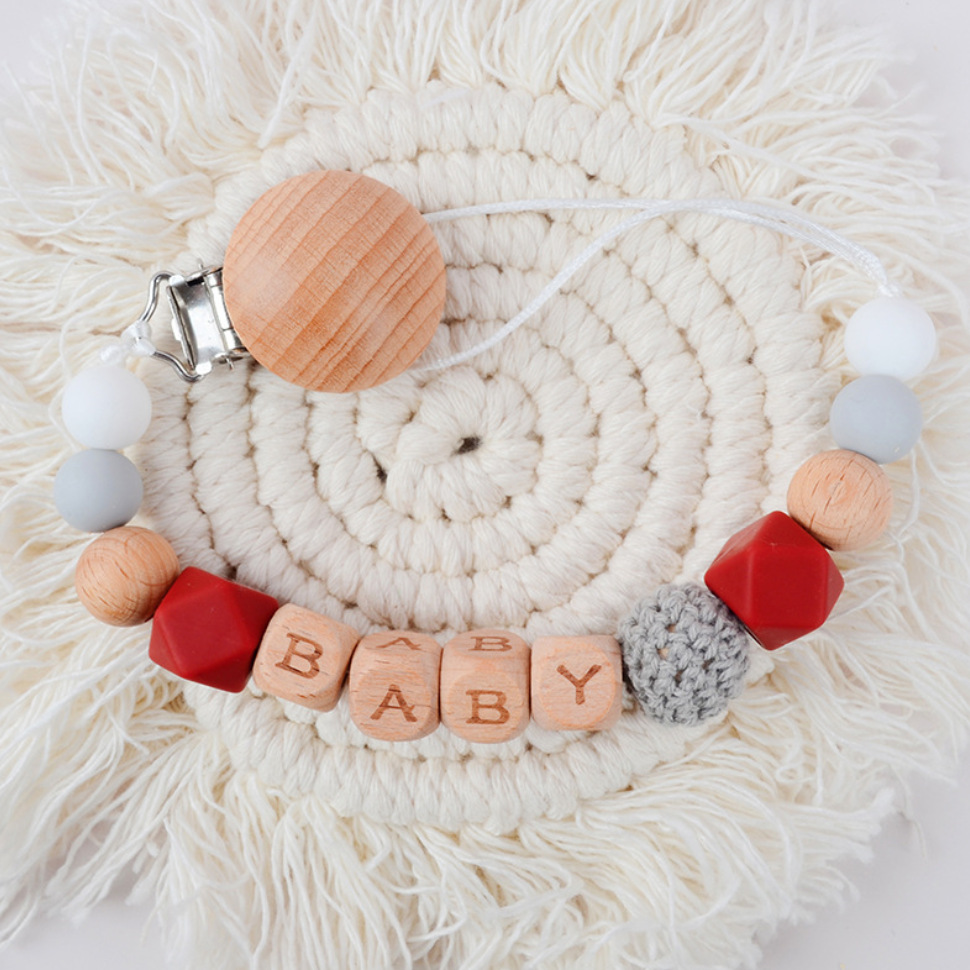 Baby beech tetina clip de cabello crochet anti-caída cadena letra beech baby silicone tetina cadena perlas de octogono