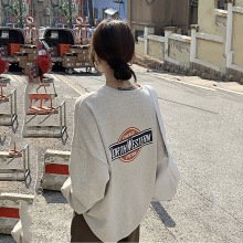 字母印花长袖薄款卫衣外套2023新款秋季女装宽松中长款套头上衣潮