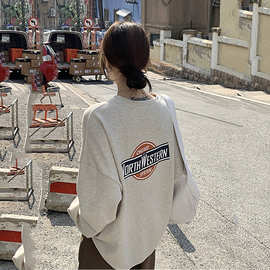 字母印花长袖薄款卫衣外套2023新款秋季女装宽松中长款套头上衣潮