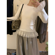 peanut花生家-优雅女士拼接花边单穿或打底针织衫1165