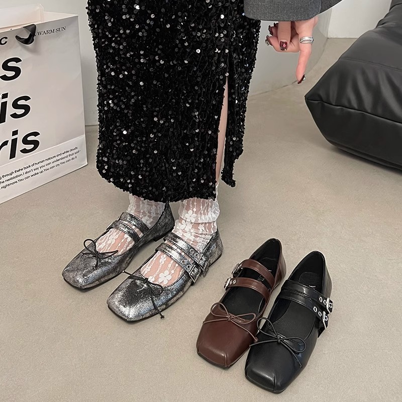 Brown autumn retro Mary Jane shoes square toe flat low-cut