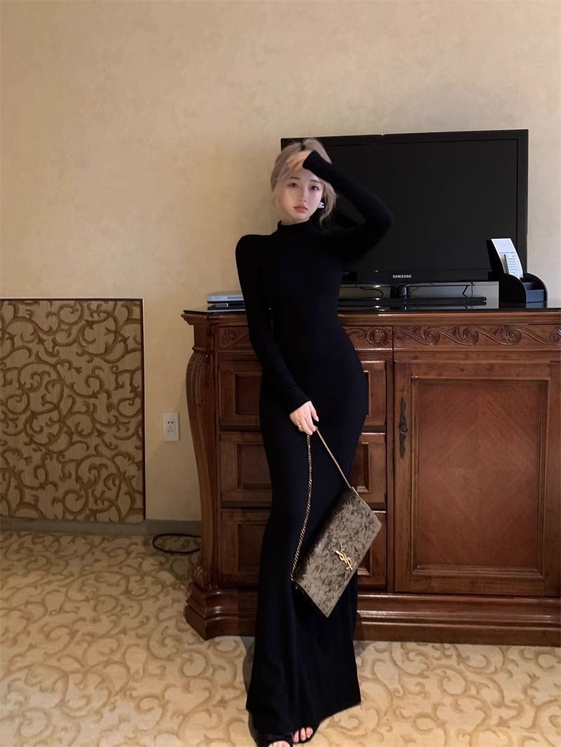 Spice Girl Shows Body Half Turtleneck Bottom Hip Dress Female Sexy Slim Burgundy Thin Fishtail Long Skirt_ecoleips.com