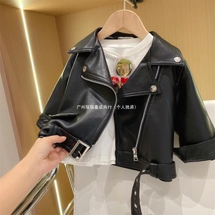 Boys and Girls Motorcycle Handsome Cool Style Large Lapel Zipper Leather Jacket Children's Coat 2023 Spring and Autumn Fashion Top