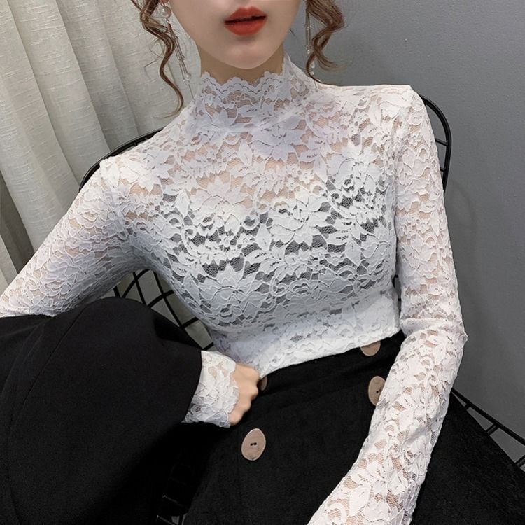 Lace Base Shirt Women's Half-high Collar Stylish Shirt Women's Thin Inner Fake Collar Top Lace Long-sleeved Lace Shirt