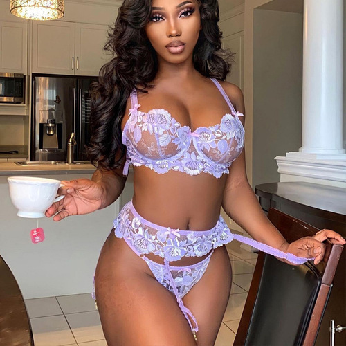 Foreign trade supply European and American new sexy women's lace printed hollow suspenders three-piece sexy set