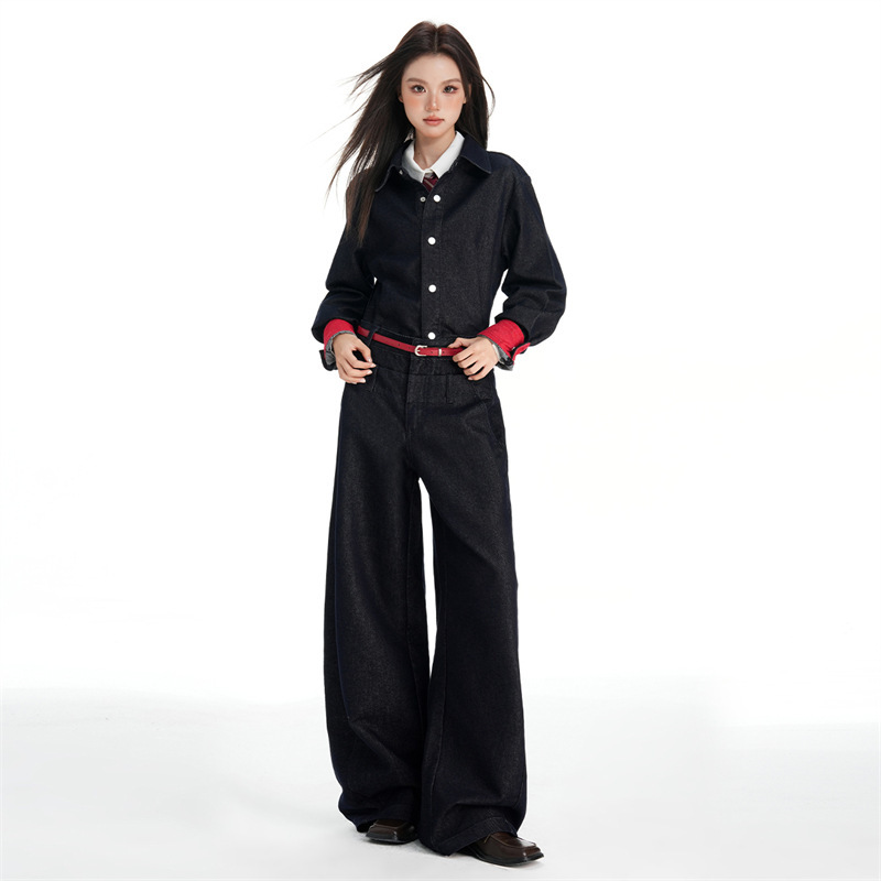Denim Jeans for Women 2025 Autumn and Winter New Heart Design Double Waist Loose Scimitar Wide Leg Pants Without Belt