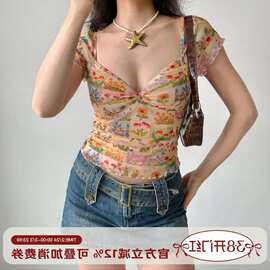 Go Girl Go自制欧美风油画花卉印花v领T恤女夏季花边网纱短袖上衣