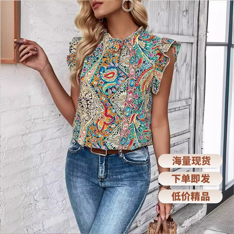 2026 European and American Cross-Border Summer New Printed Sleeveless Round Neck Bohemian Style Vacation Beach Elegant T-Shirt for Women