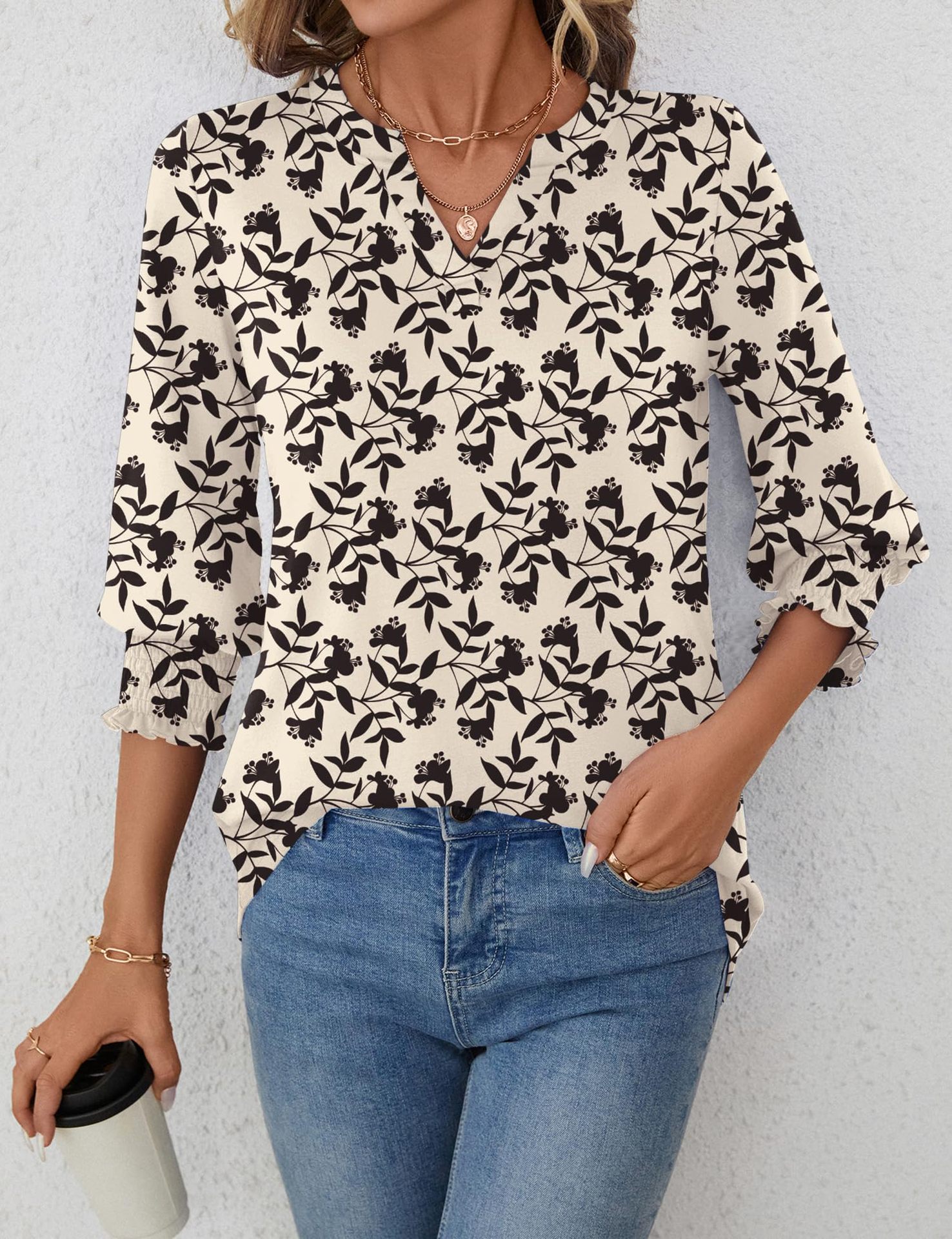 European And American Cross-border Women's 2026 Fashion Top, Three-quarter Sleeve Floral Print Casual Shirt, Summer_ecoleips.com