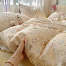 奶油风小猫印花双层纱四件套床上用品三件套学生儿童床单被套床笠