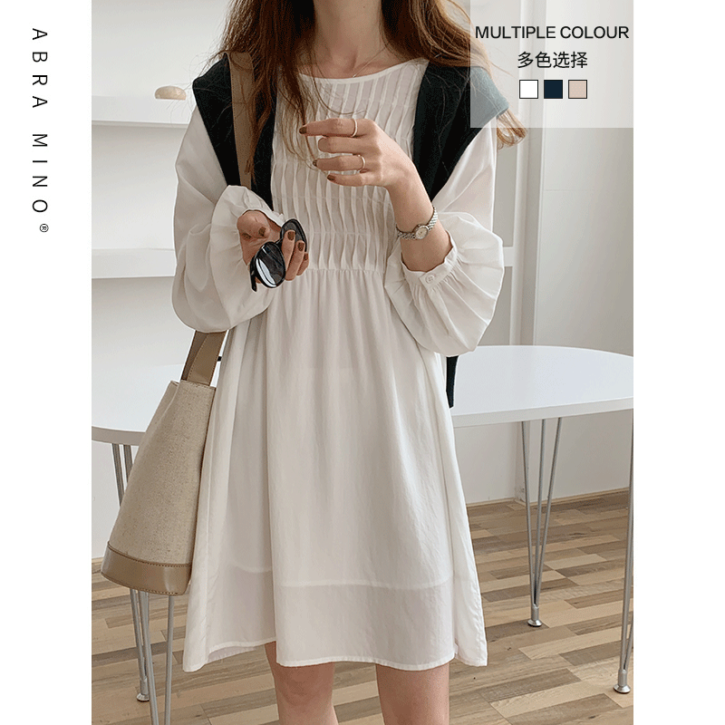 abra mino2021 new pleated gentle wind round neck long-sleeved dress women's short skirt in early autumn