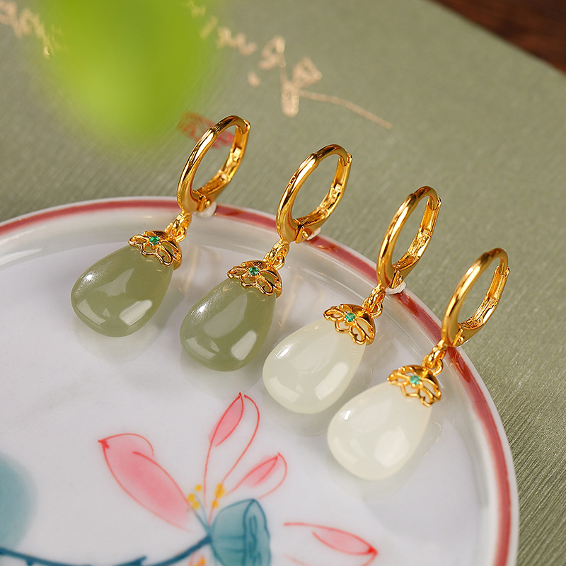 Khuyên tai dài giọt nước bạc S925 mạ vàng đính ngọc bích và sapphire — Kiểu Sapphire