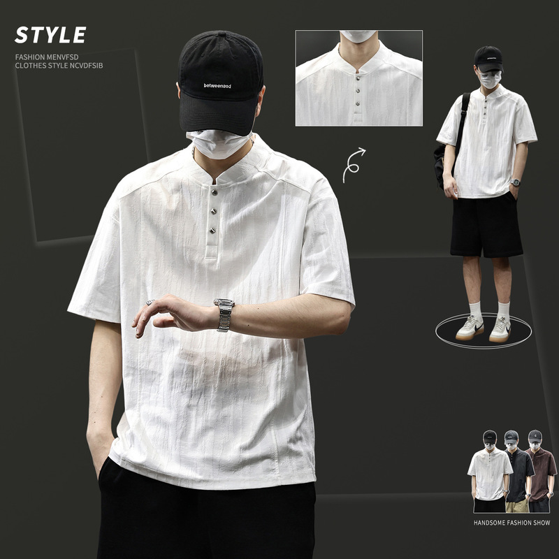 Waterfall Stripe Short Sleeve T-Shirt for Men, Summer Chinese Style, Loose Casual Thin Half-Sleeve, White