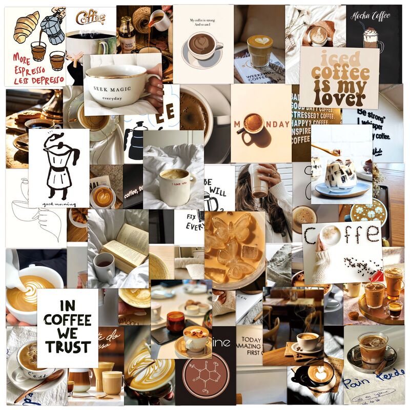 50 Ins Style Coffee Poster Stickers Notebook Mobile Phone Refrigerator Waterproof Handbook Decoration DIY Collage Stickers
