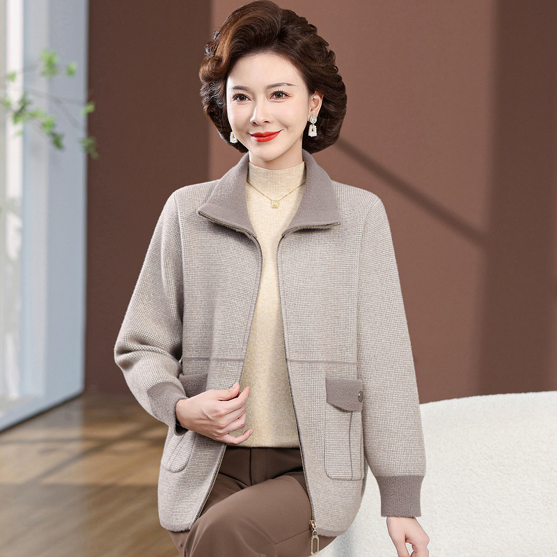 妈妈春秋装双面毛呢带领加厚外套奶奶洋气上衣中老年人女针织开衫|undefined