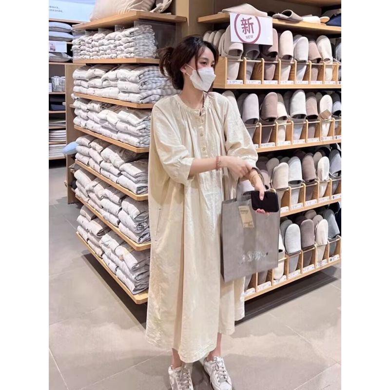 Wooden Buckle dress 2025 Summer New Japanese Literary Retro Loose Elegant High-end Design Long Dress for Women