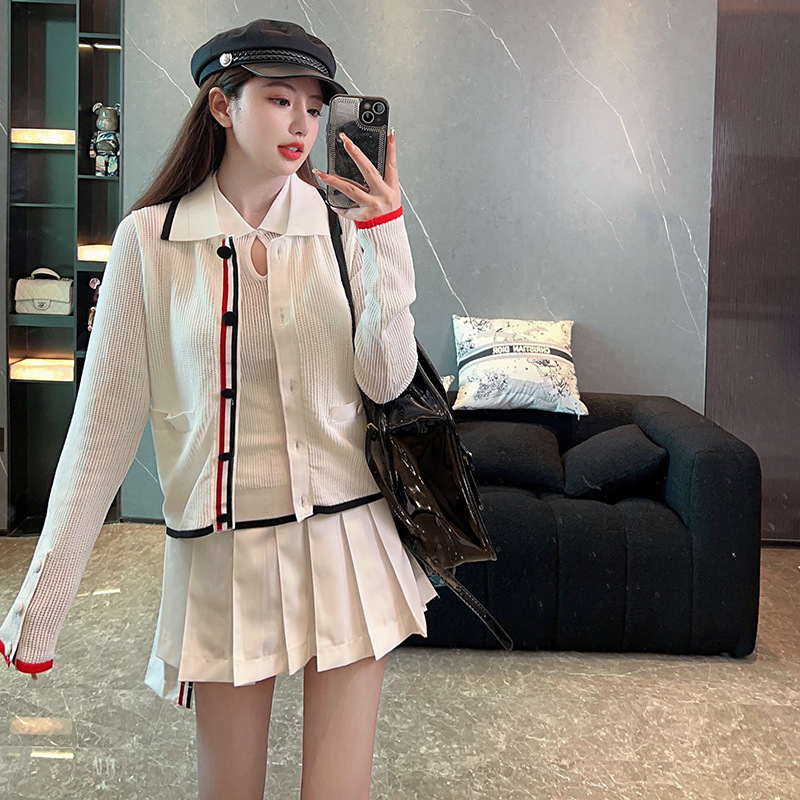 High-end version TB contrast single-breasted age-reducing polo collar sleeveless vest fashion button knitted cardigan top