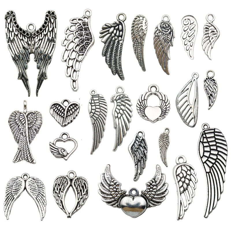 Cross-border new mixed 22 ancient silver retro feather wings alloy jewelry pendant angel wings pendant material