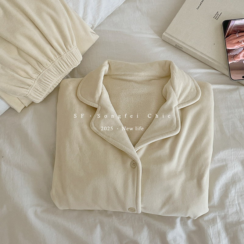 澳毛绒加厚睡衣套装冬季新款加绒保暖家居服两件套宽松翻领锁温女|undefined
