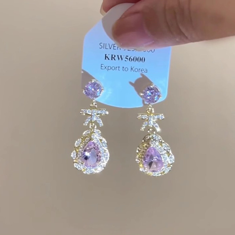 重工業の軽豪華な高級感の紫色の水滴のペンダントの耳のクリップの耳の穴がないファッションの甘くて、ダイヤモンドの蝶結びのイヤリングの女性を入れます。|undefined