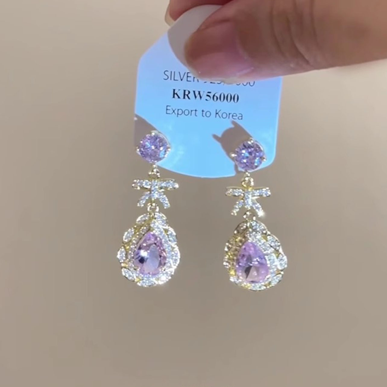 Heavy Craftsmanship, Light Luxury, High-End Feel, Purple Water Drop Pendant, Exquisite and Versatile, Fashionable and Sweet, Diamond-Encrusted Bow Earrings for Women