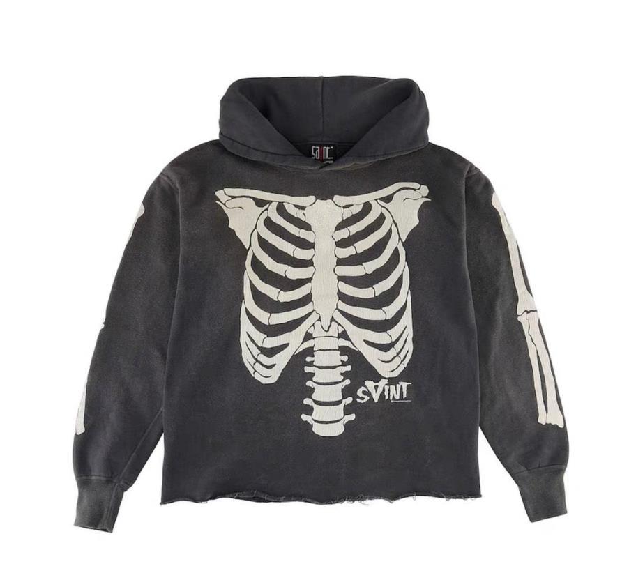 Felpa unisex con stampa effetto scheletro e strass effetto vintage lavato_voghion.com