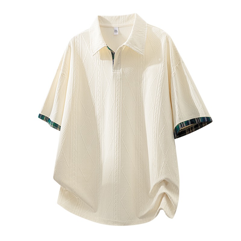 Plus-Size Summer New Men's Fashion Trendy Brand Short-Sleeve T-Shirt with a Turn-Down Collar, Pullover Men's Top with Plaid Decoration