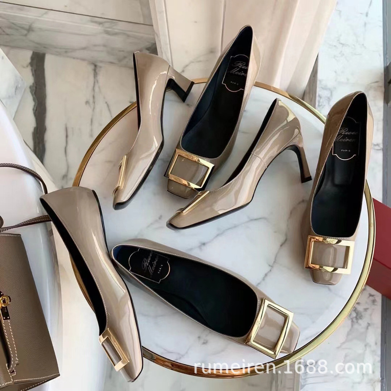 2024 Autumn Rv Women's Square Buckle Pumps Square Toe Chunky Heel High Heels Shallow Wedding Shoes Fashion Shoes Women's Trendy Shoes