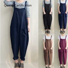 Linen Rompers Long Jumpsuits Solid Strappy Pockets Dungarees