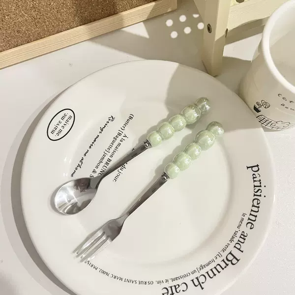 Green pearl dessert fork and spoon