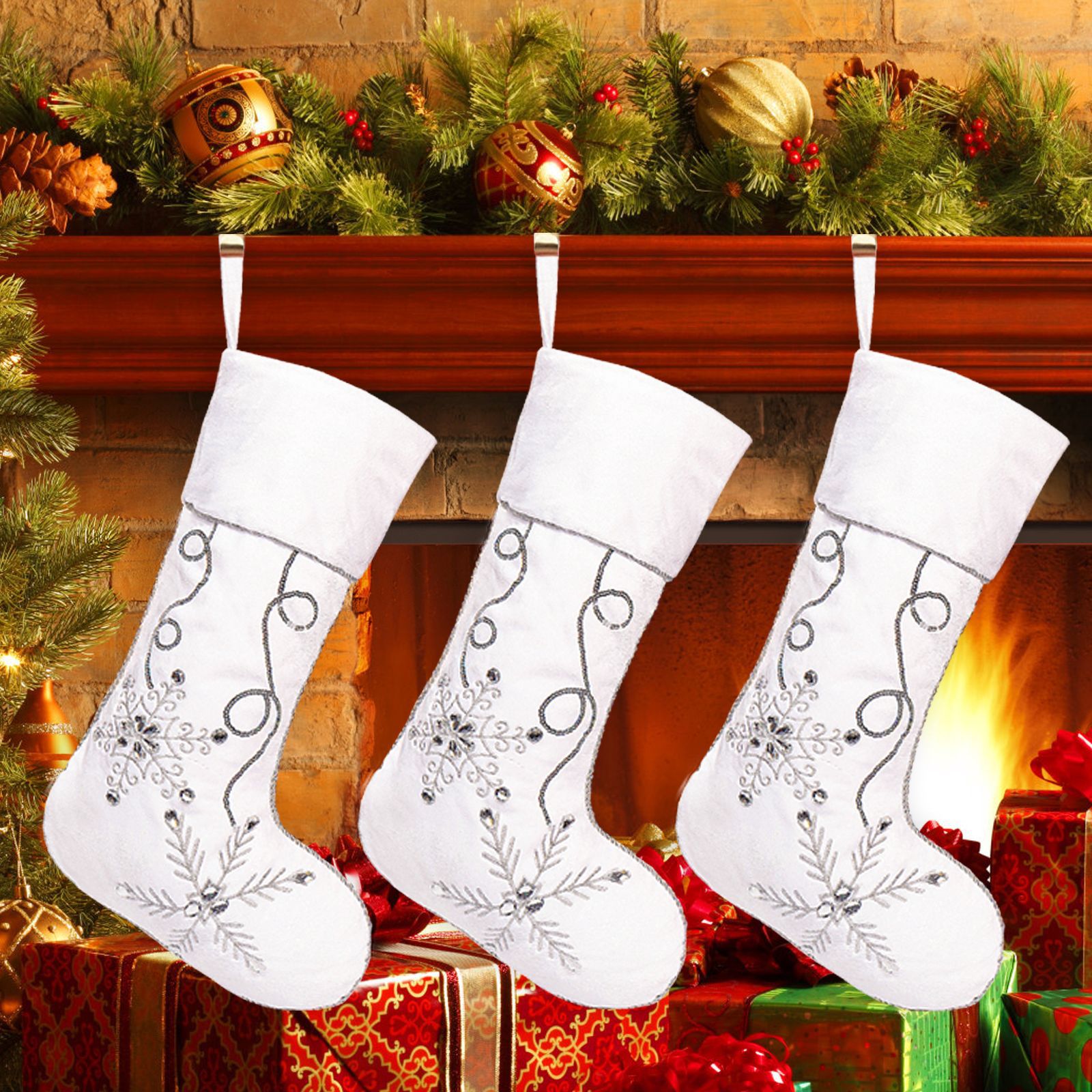 Navidad transfronteriza copo de nieve plateado calcetines de Navidad suaves de pelusa gruesa decoraciones navideñas colgantes de árbol de Navidad