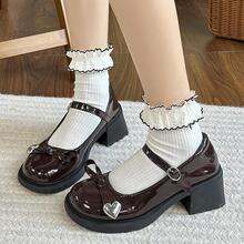 圆头甜美可爱玛丽珍鞋2025秋冬新款粗跟爱心搭扣单鞋英伦风小皮鞋