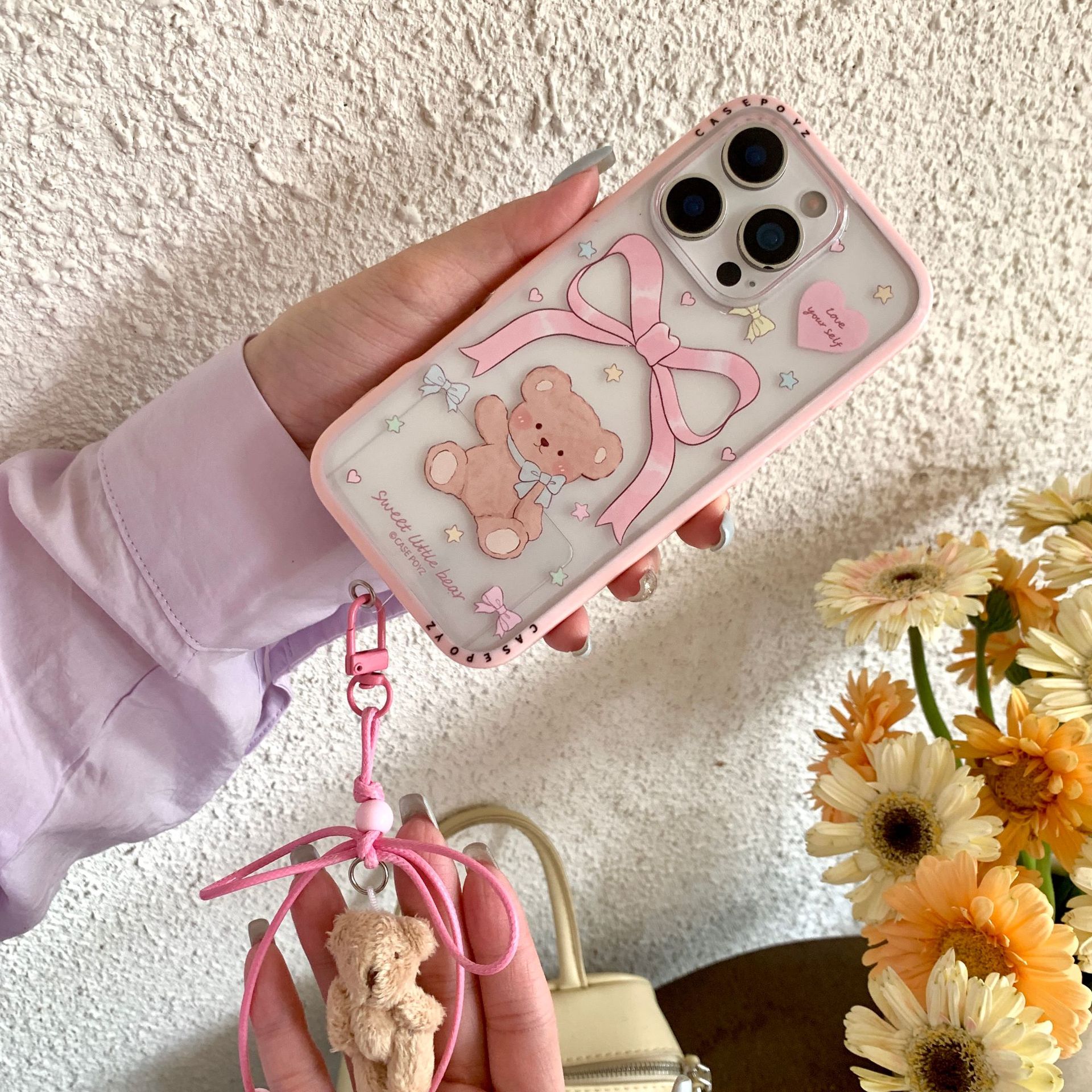 Cute Girl Heart Bowknot Bear Adecuado para Apple 16ProMax Funda para teléfono 15/14 Transparente 15Pro Nuevo 13